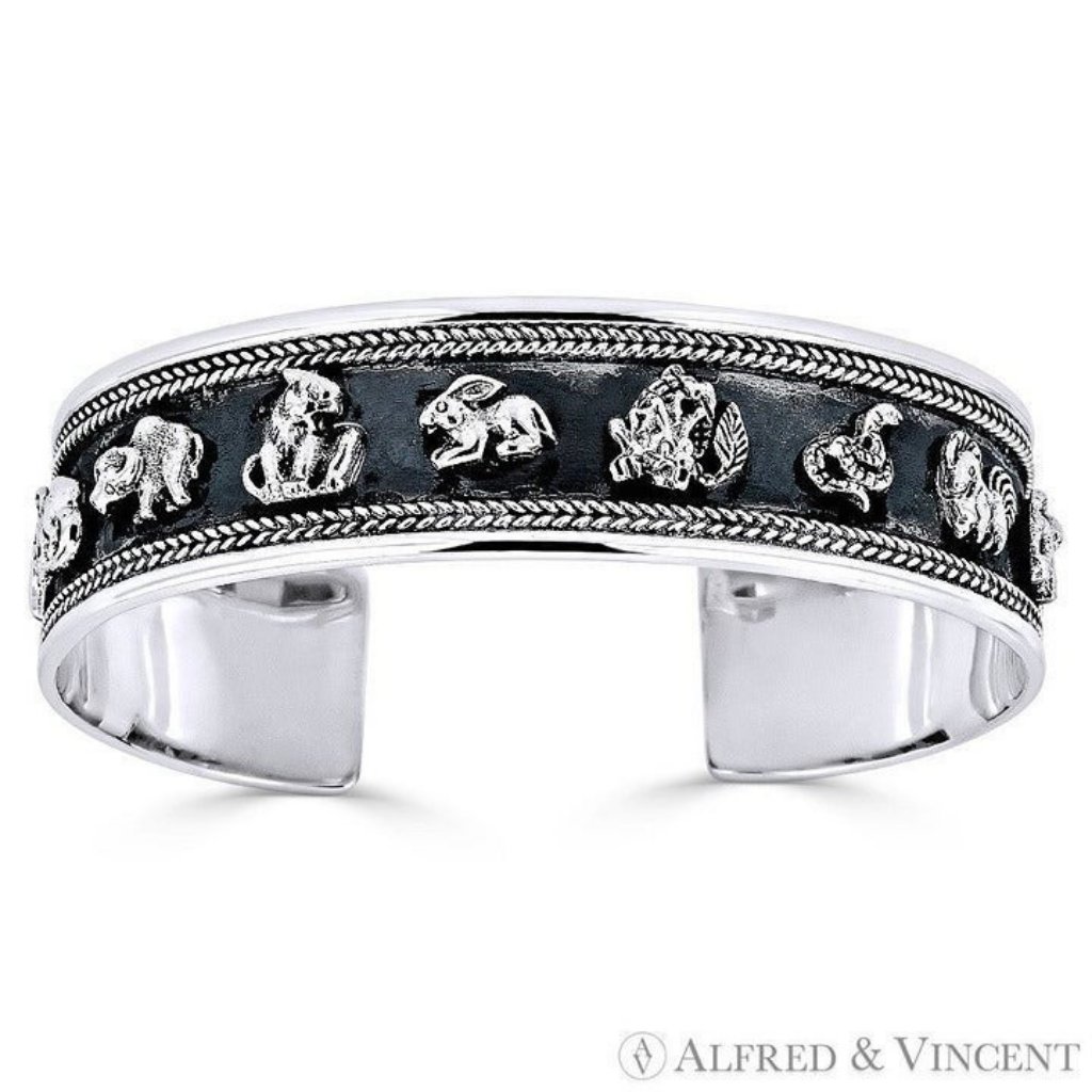 Chinese Zodiac Animal Open Heavy-Cuff Charm Bangle Bracelet 925 Sterling Silver